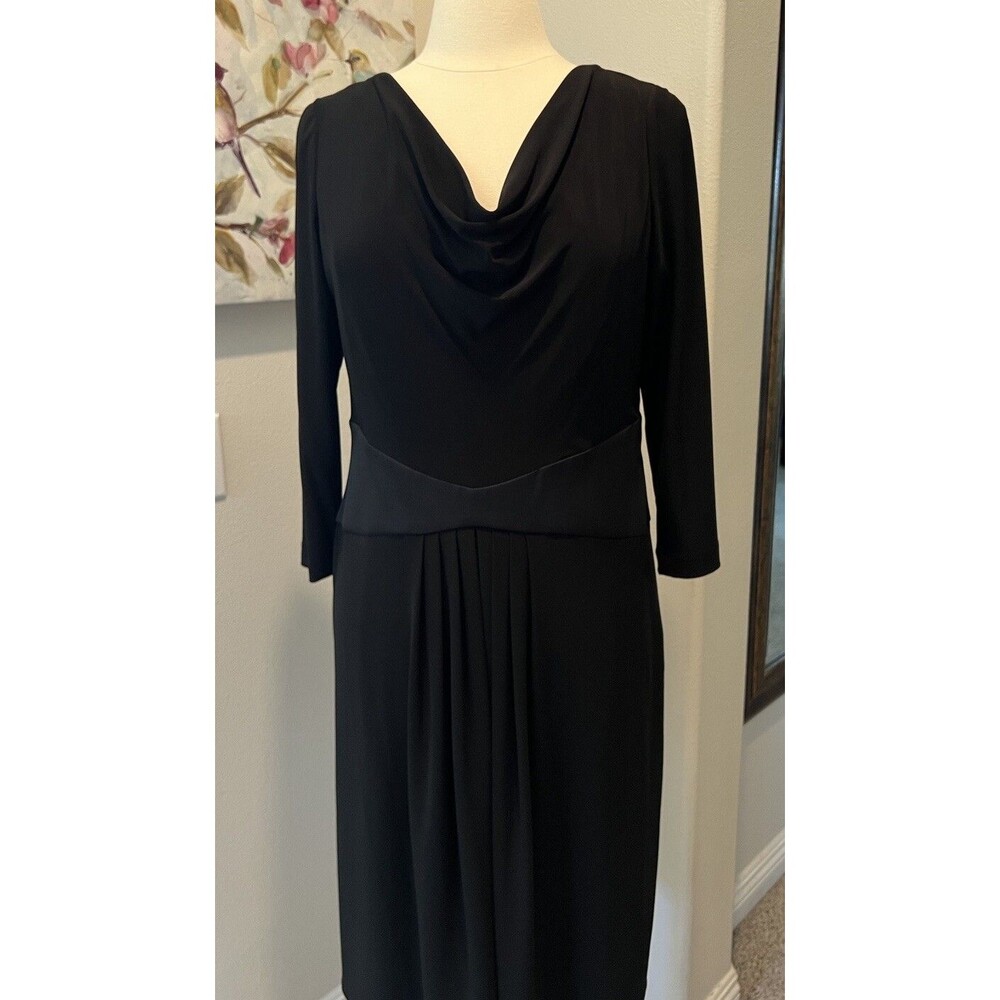 Kasper Women’s Sz 12 Black Cowl Neck 3/4 Sleeve Satin Waist Pleated Front Dress